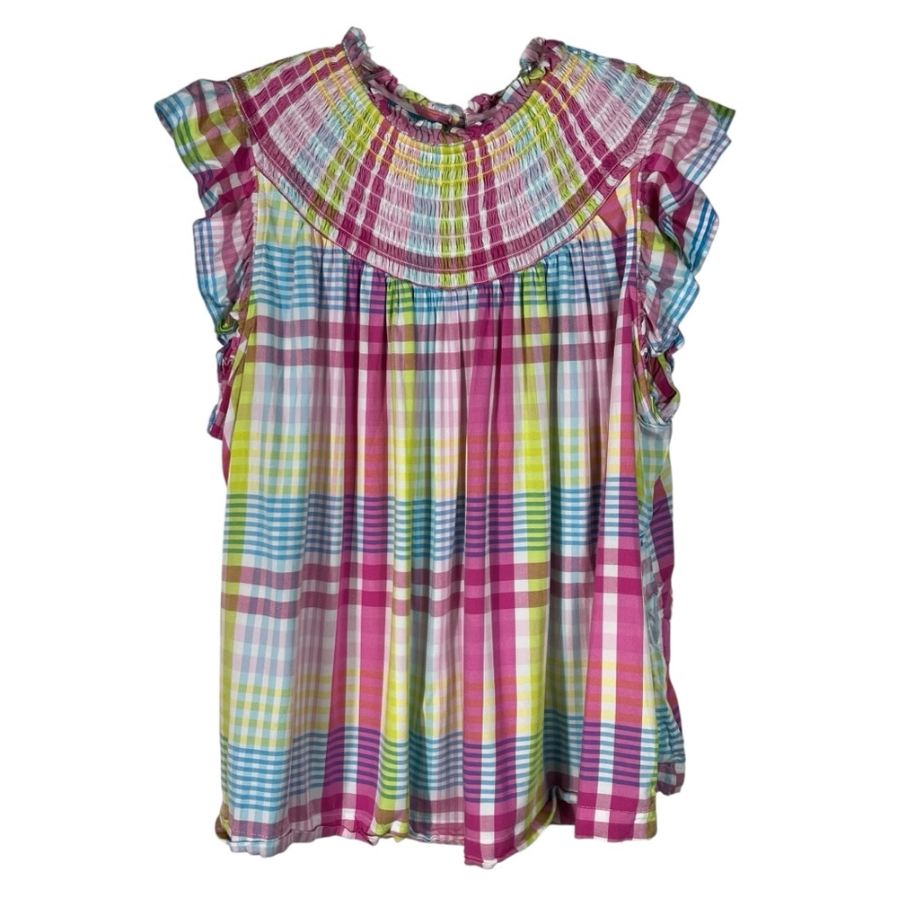 Crown & Ivy Colorful Plaid Smocked Stretch High Neck Blouse XL Ruffle Spring